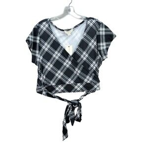 No Comment NY-LA Black Plaid V Neck Women Crop Top Tie Front Stretch Size XL NWT